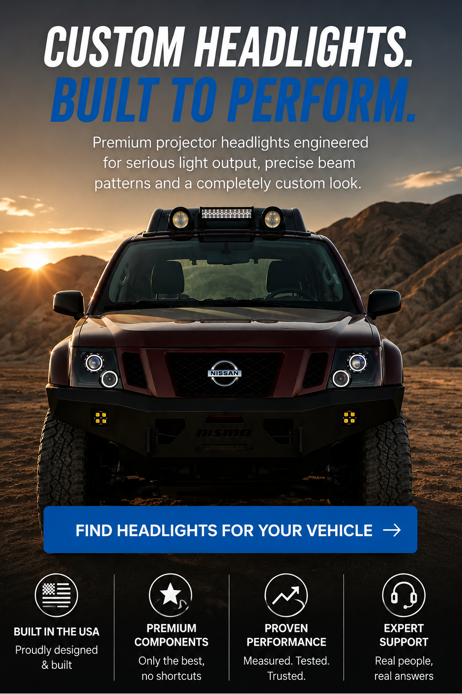 A promotional banner for HID Projectors featuring a front view of a customized red pickup truck with aftermarket LED headlights in a desert landscape at sunset. The top displays the HID Projectors website header, and the bottom includes feature icons for built-in USA quality, premium components, proven performance, and expert support.
