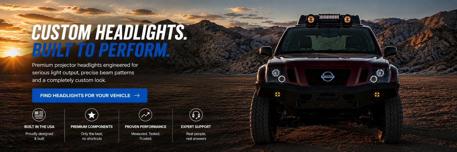 Nissan Xterra with custom headlights in the desert