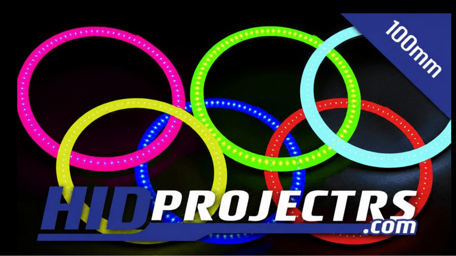 Five glowing LED ring lights in pink, yellow, green, blue, and red on a black background, with a blue corner label reading '100mm' and a large 'HID PROJECTS.com' logo across the bottom.