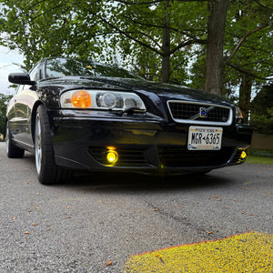 Low-angle view of Volvo V70R with yellow LED fog lights