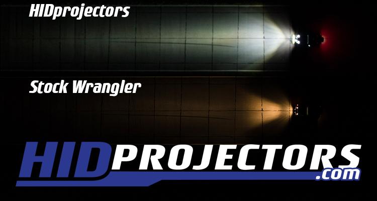 headlight beams comparison of white HIDProjectors and amber Stock Wrangler